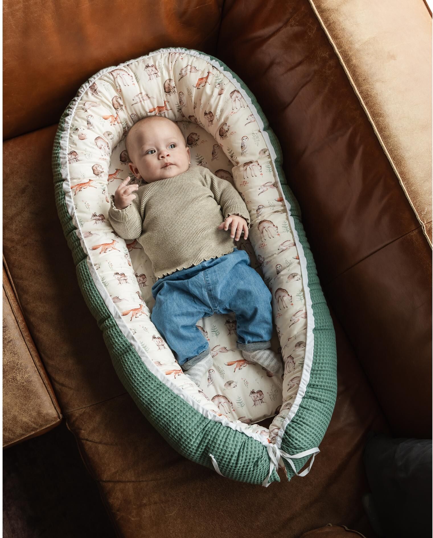 Bettnestchen ULLENBOOM "Cocoon Waldfreunde 55 x 95 cm", Baby, grün (natur, grün), Obermaterial: 100% Baumwolle, Bettnestchen Bettnestchen natur, grün Einheitsgröße