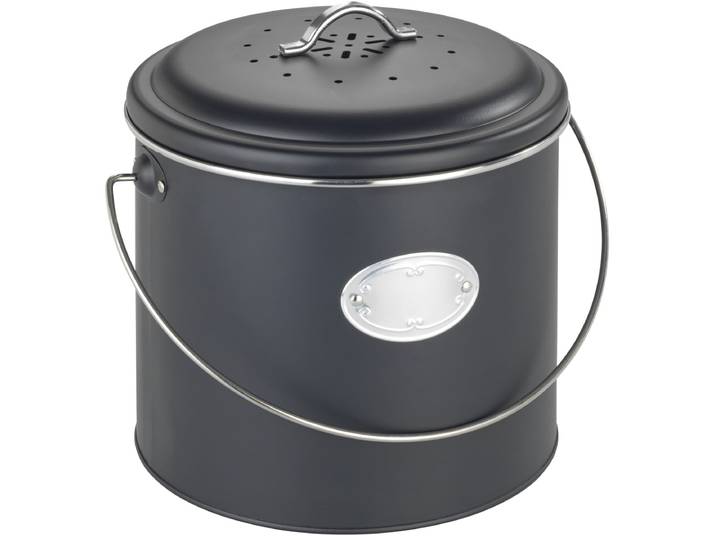 Biomülleimer WENKO Modell Nero , schwarz (komposteimer: schwarz, griff: silber glänzend, schwarz), H:22,5cm Ø:22,5cm, Metall, Mülleimer, Biomülleimer, Komposteimer aus Metall, inkl. 3 Aktivkohlefiltern zum Wechseln, 6 L, Topseller