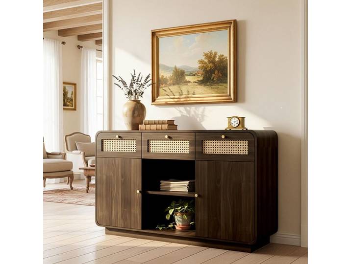 Buffet 120 cm en noyer commode avec 3 tiroirs étagère ouverte poignées en rotin doré