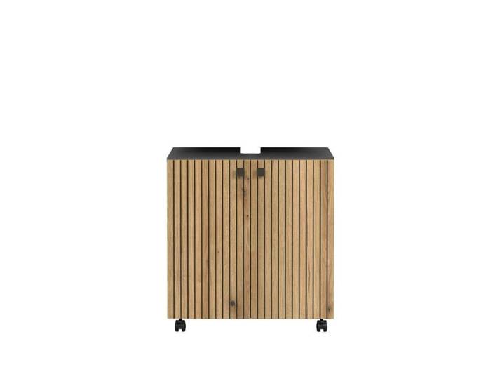 CALICOSY - Meuble sous vasque sur roulettes 2 portes L60 cm - PUREBLISS - Chêne blond/ Gris anthracite/ Noir