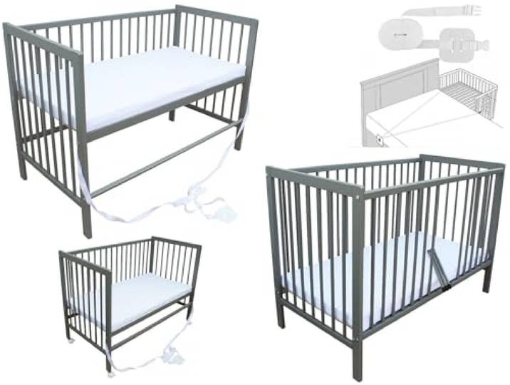 Micoland Kinderbett - Beistellbett - Babybett 120x60 cm umbaubares Bett mit Gurt, Rädern und Matratze (Grau mit Matratze)