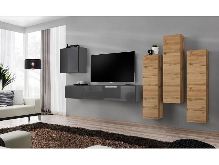 Xlmoebel Wohnwand Luxus 5-teiliges Set für Wohnzimmer Grau Wandschrank Möbel, Made in Europa