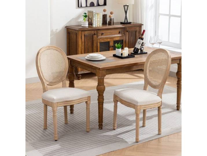 NuvlaGu - Chaises de salle à manger en rotin - Lot de 2 - style français structure en bois massif - Beige
