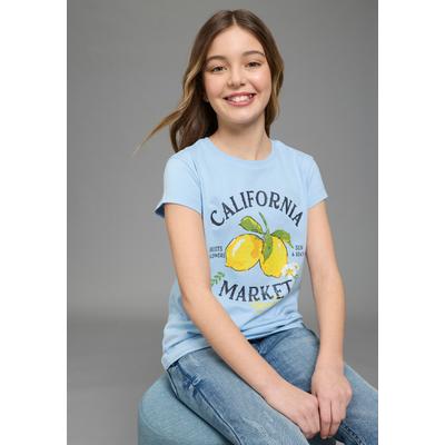 T-Shirt KANGAROOS "Kangaroos T-Shirt Zitrone", Mädchen, Gr. 140/146, blau (hellblau), Single Jersey, Obermaterial: 100% Baumwolle, bedruckt, Basic, Rundhals, Shirts T-Shirt, für Mädchen, Kurzarm, Basic Passform, mit modischem Druck