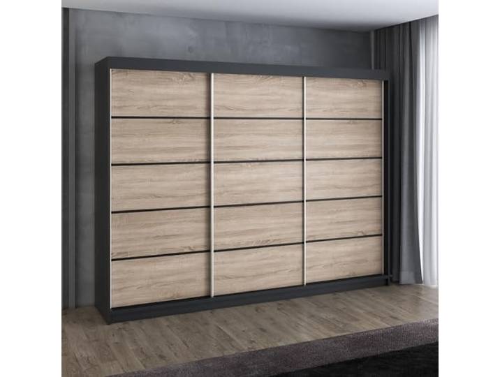 A&J MöbelLand MES Schwebetürenschrank 200 cm, Kleiderschrank 3-türig mit 4 Schubladen (Schwarz/Sonoma/Sonoma/Sonoma)