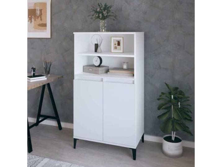 RJPLMFV Anrichte, hoch, weiß, 60 x 36 x 110 cm, aus Ingenieurholz 2 offene Regale, 4 Fächer, Metallfüße, Möbel zur Aufbewahrung von Wohnzimmern