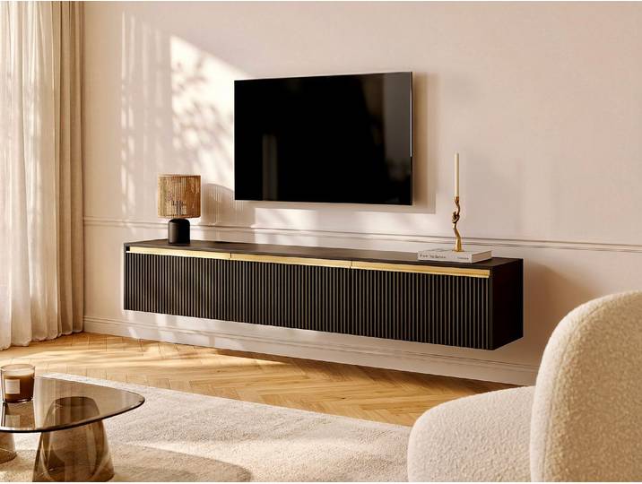TV-Möbel zum Aufhängen oder Aufstellen mit 3 Türen - MDF - Schwarz & Goldfarben - POSINIA von Pascal MORABITO