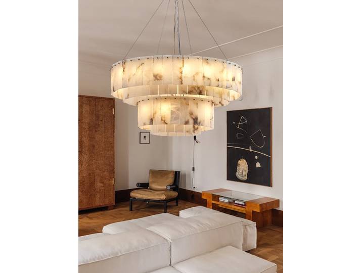 Lustres de luxe tout en cuivre et marbre naturel, décoration de salon, luminaire élégant, lampes en albâtre, Lustres de salle à manger