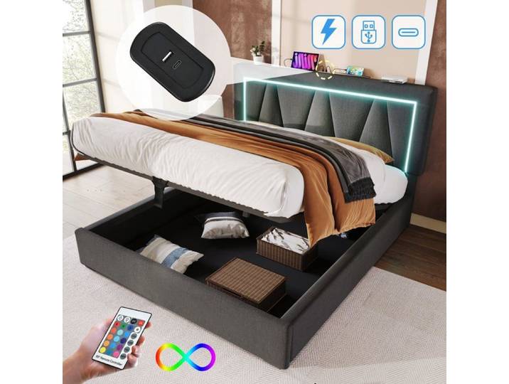 Cadre de lit coffre 160x200 beige sommier à lattes et système de levage facilité