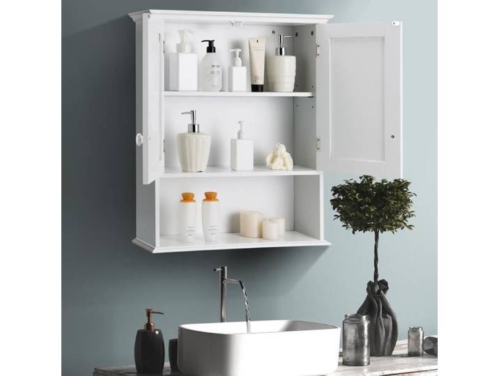 DREAMADE Armoire Murale de Salle de Bain Meuble Placard de Rangement Toilettes avec 2 Portes&Étagère Réglable 60X20X70CM Blanc