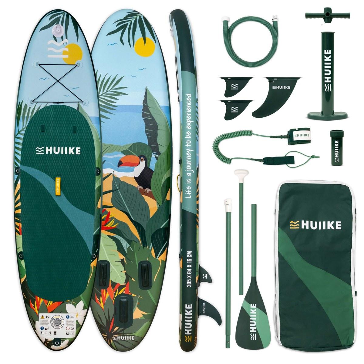 SUP-Board, aufblasbar - 10 Fuß - Belastbarkeit bis 130 kg - Tropisches Design - Mit Zubehör und Sitzgelegenheit