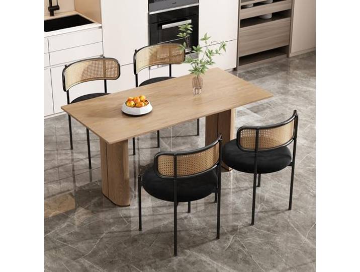 Merax Esszimmerstühle 4er Set, Moderner Küchenstühle mit Rattan Rückenlehne, Essstühle mit Vier Stützbeinen aus Metall, Samt, Schwarz