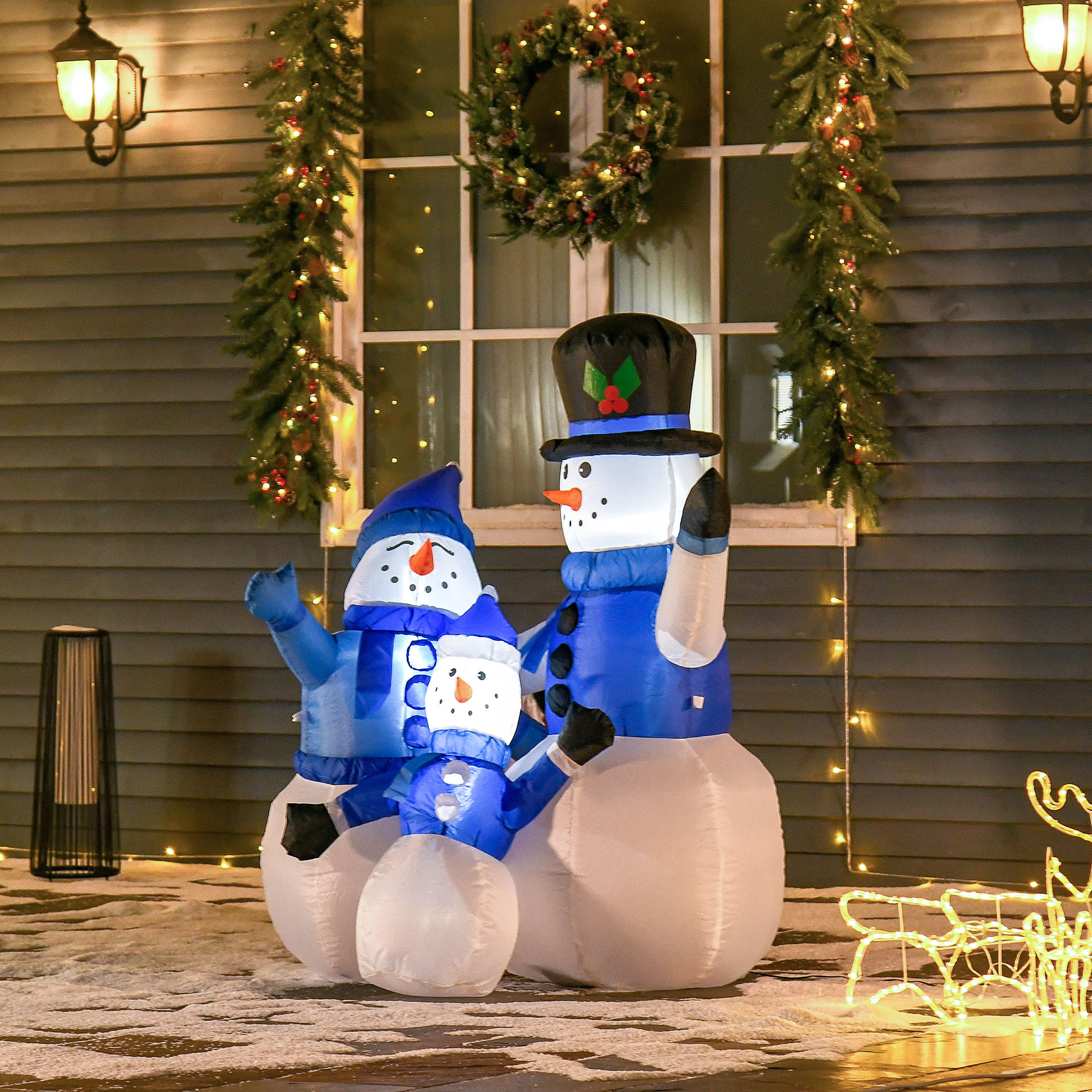 Homcom 120cm Pupazzi di Neve Gonfiabili da Esterno, Luminosi, Decorazione Natalizia Impermeabile con Picchetti e Corde, Bianco Blu Aosom