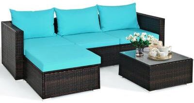 Costway 5 Pieces Patio Rattan Furniture Set with Coffee Table-Turquoise