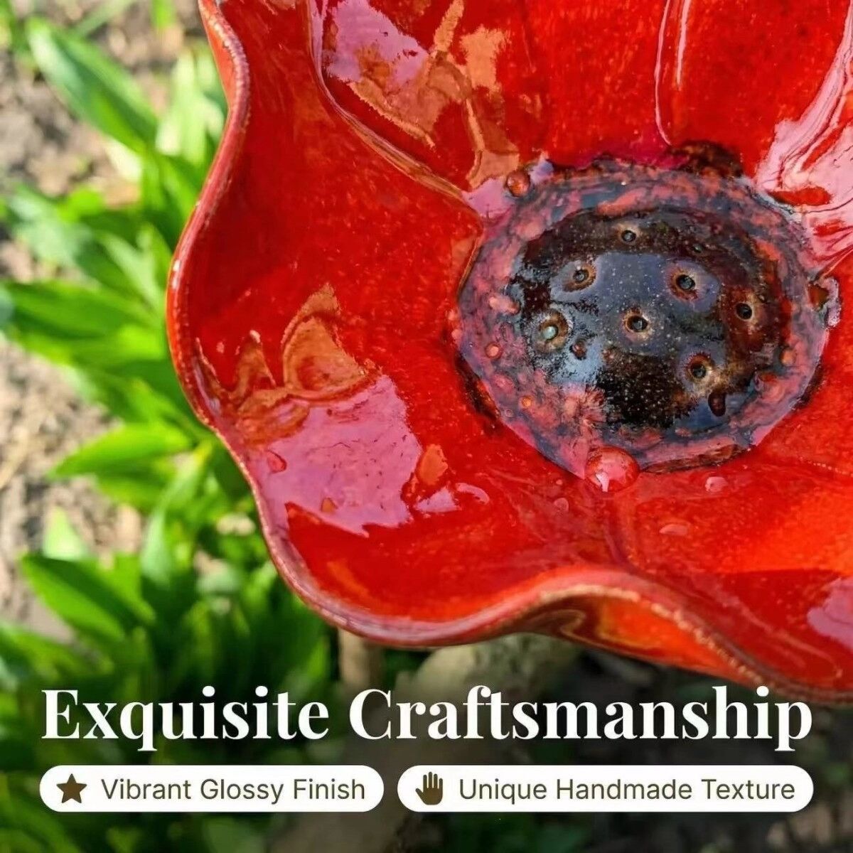 INF Handgefertigter Metall-Blumen-Gartenstab Vogelfutterspender – Rote blumenförmige Vogelbad-Schale, dekorativer Gartenstab