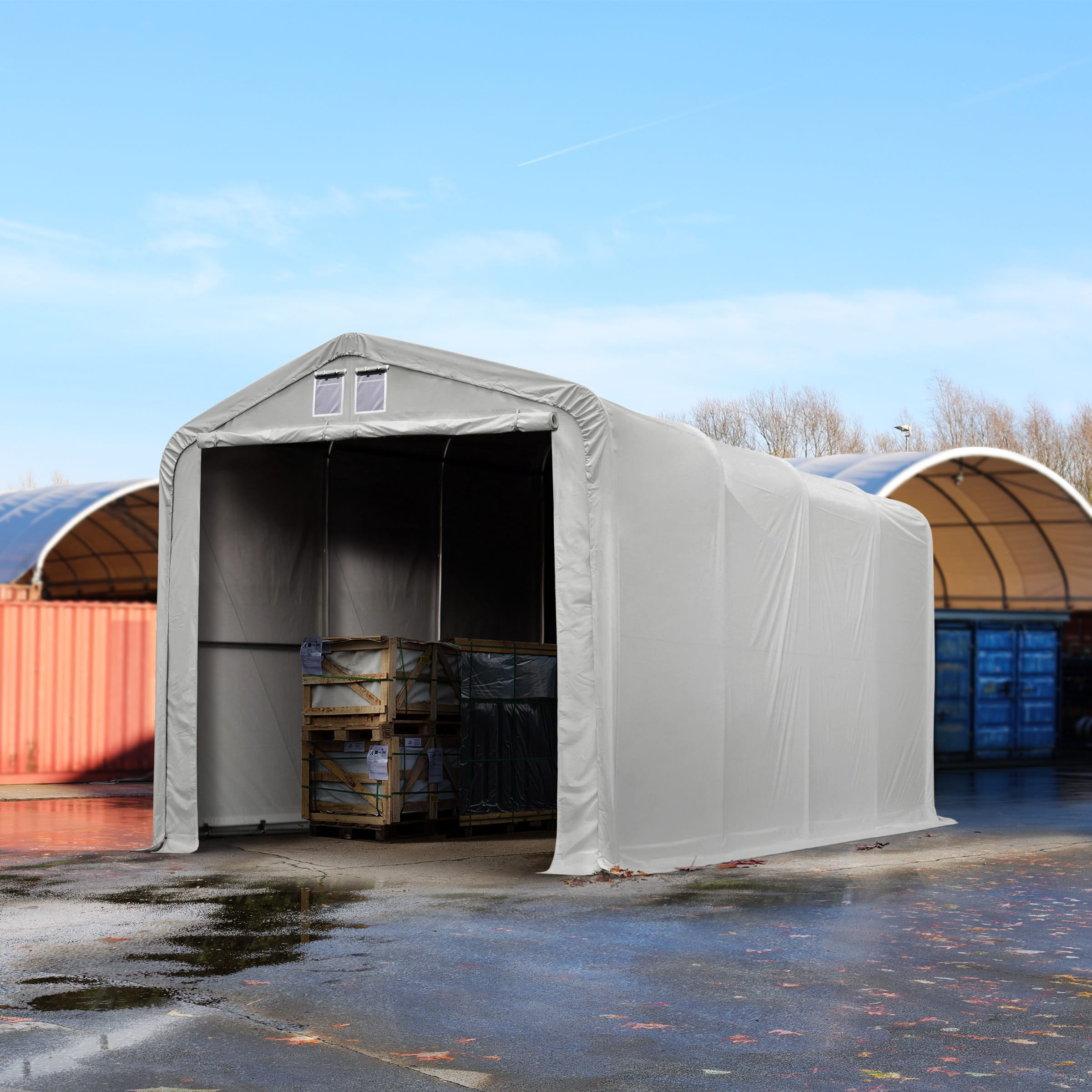 TOOLPORT 4x8m 3.35m Sides Commercial Storage Shelter, 3.5x3.5m Drive Through, PVC 850, grey with statics package (soft ground anchors) - (49387)