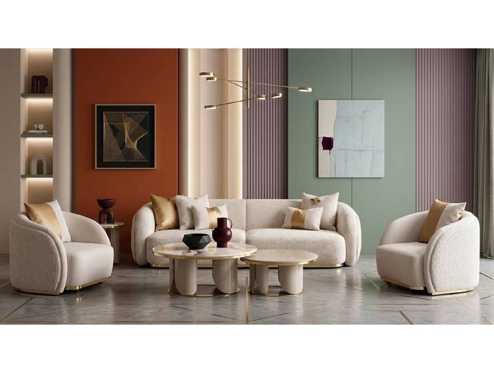 Xlmoebel Polstergarnitur Beiges 4-teiliges Wohnzimmer-Set mit Sofa, Sesseln und Tisch, (Wohnzimmer-Set, 4-tlg., 4-teiliges Set), Made in Europa