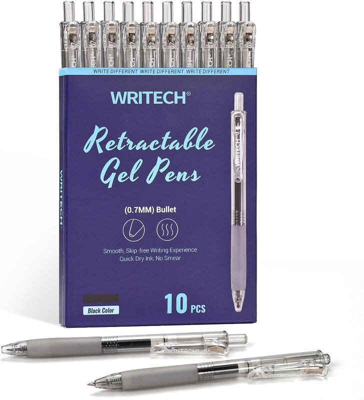 WRITECH set van 10 intrekbare gelpennen met zwarte inkt, 0,7 mm medium punt, sneldrogend