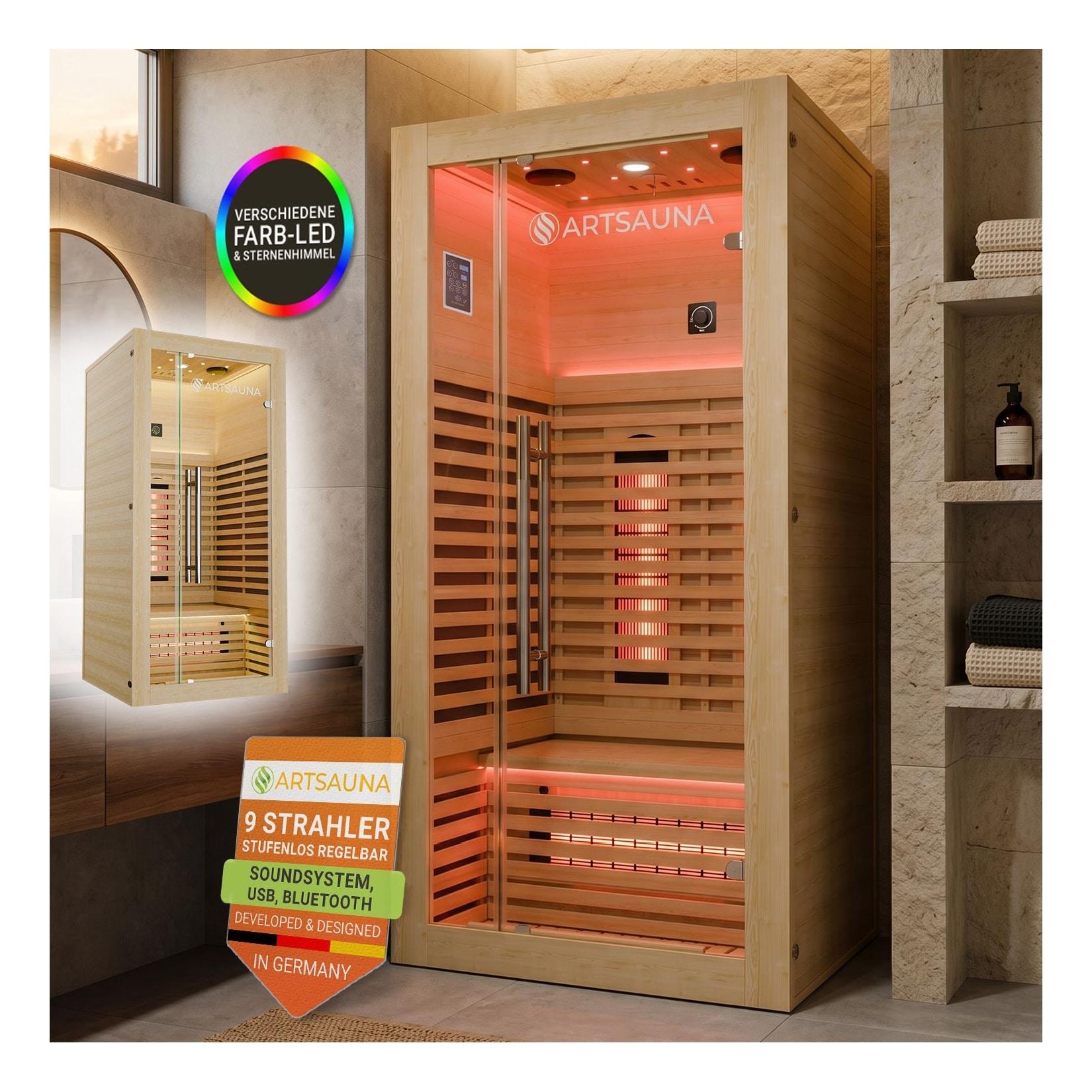 ARTSAUNA® Infrarotkabine Trondheim90 Natur - Vollspektrumstrahler mit LED-Beleuchtung, Bluetooth Audio, App-Steuerung, 1705 W Leistung