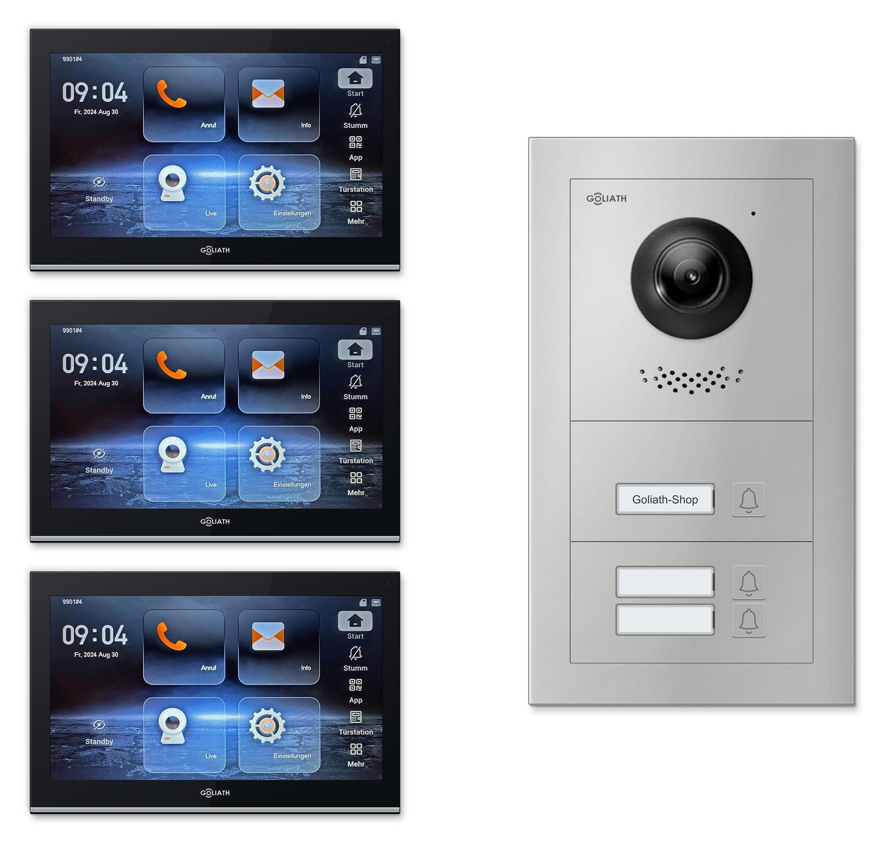 Goliath IP-Video-Türsprechanlage GL-IPH300M für 3 Familien : 10 Zoll Schwarz : Silber : Aufputz Dose Monitor Farbe: 10 Zoll Schwarz Montage: Aufputz Dose Türklingel Farbe: Silber