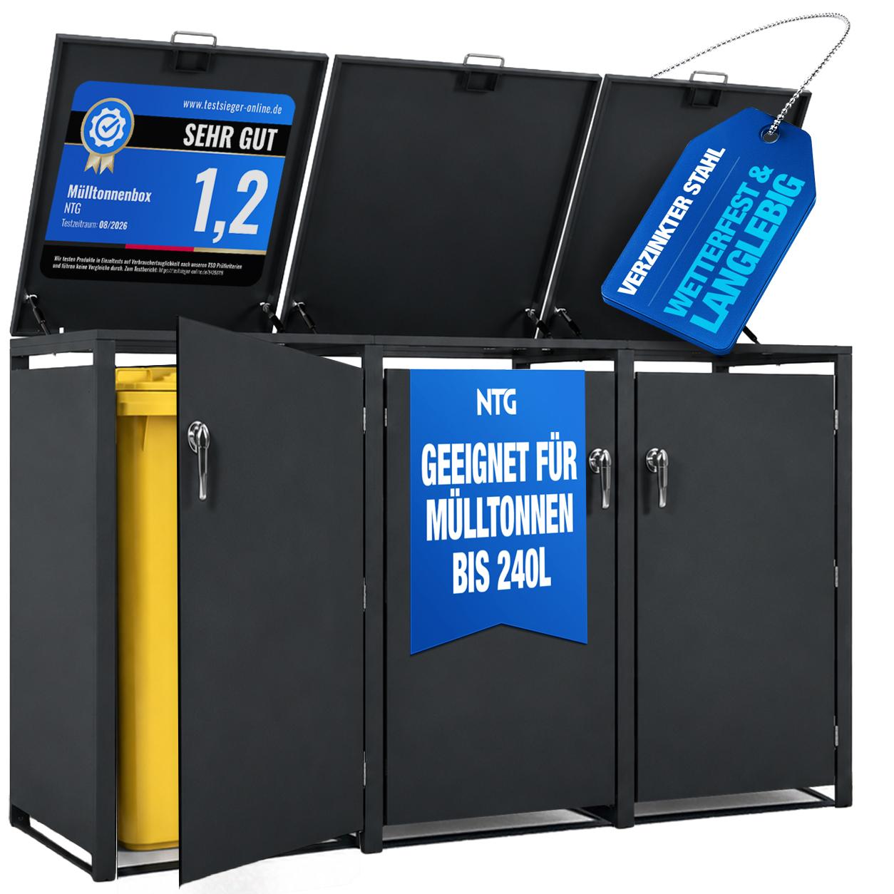 3x Mülltonnenbox 240L Anthrazit - Mülltonnenverkleidung / Mülltonnenhaus aus verzinktem Stahl mit Soft-Close Deckel, Schloss & Belüftung