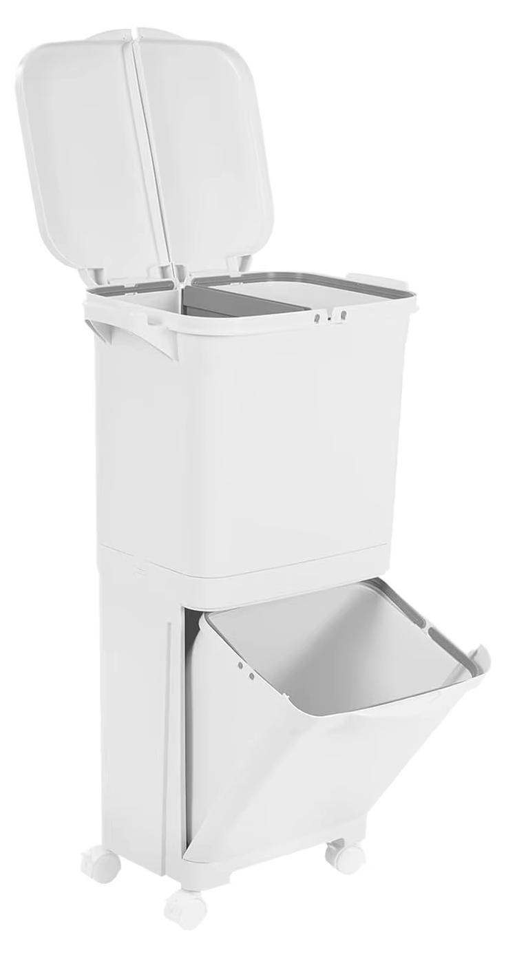Mülltrennsystem - 45 l - 3 Fächer - Edelstahl - 2 Deckel - 45° Öffnung - 4 Rollen - Weiß