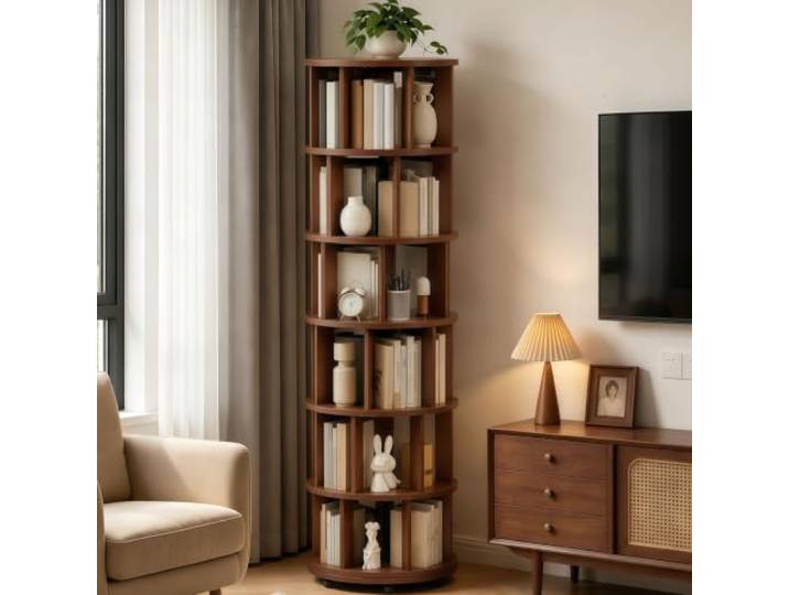 Drehbares Bücherregal 360° mit Rollen Holz Regal 6 Ebenen Platzsparend Standregal - Bücherregal feststellbaren Rollen Platzsparend für kleine Räume Wohnzimmer Büro Schlafzimmer Kinderzimmer
