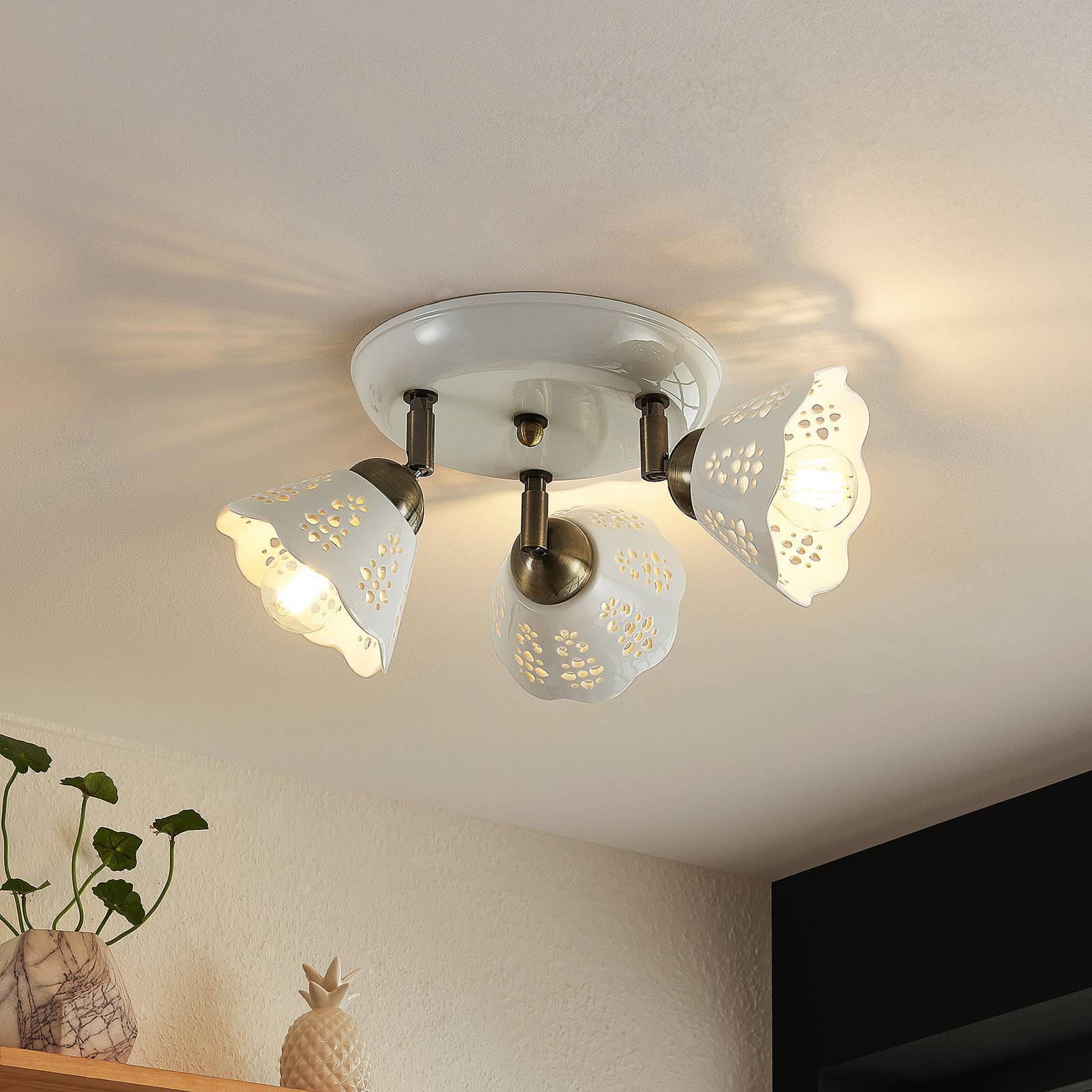 Lindby Efgenia downlight, three-bulb Lindby, dimmable, White / opal, Living / Dining Room, Ceramics, Country House / Rustic, Ceiling Light