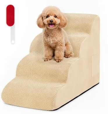 Costway 4-Tier Foam Non-Slip Dog Steps with Washable Zippered Cover and Brush-Beige