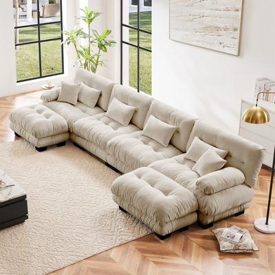 GDFStudio - Alden Chenille 4 Seater Cloud Sofa with Twin Ottoman Set
