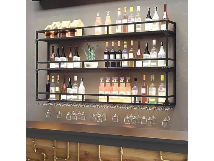 KEPMOGOH 3-stöckig Weinregal Wand aus Metall, Wandmontage Wine Display-Ständer, Bar Regal mit Glasregal, Wand Flaschenregal für Küche Bar-Einheiten, Restaurants und Zuhause (Black, 180cm)