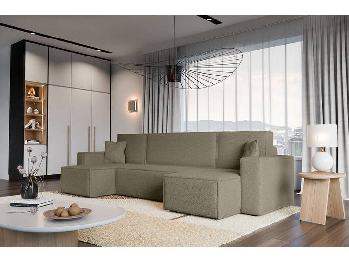 Wohnlandschaft GONDHI Braun/Grau Teddystoff Quila 312 x 82 x 145cm Longchair beidseitig montierbar Modern