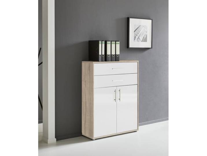 BMG Möbel Schubkastenschrank mit 2 Türen ideal für Büro & Arbeitszimmer wählbar aus 26 verschiedenen Farbkombinationen (Sonoma Eiche - Weiß Hochglanz)