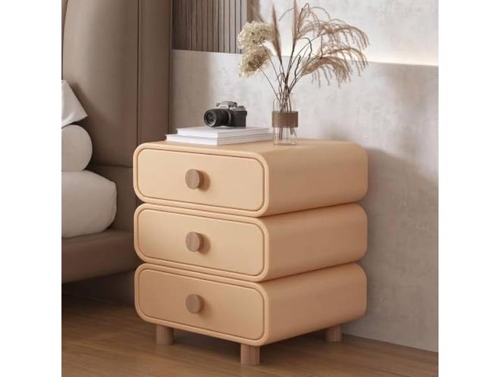 Nachttisch, 3 Schubladen Mikrofaserleder Beistelltisch für Schlafzimmer Abgerundete Stoßschutzecken Massivholzbeine & Griffe Sanfte Schubladenführungen für Wohnheim Geeignet(Beige,40cm/16in)