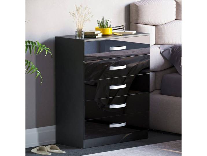 Commode Hulio noire haute brillance avec 5 tiroirs – Meuble de chambre moderne