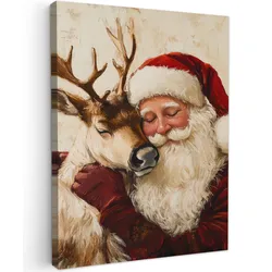 LEINWANDBILD Weihnachtsmann - Rentier - Weihnachten Wandbild Wohnzimmer 60x80 cm