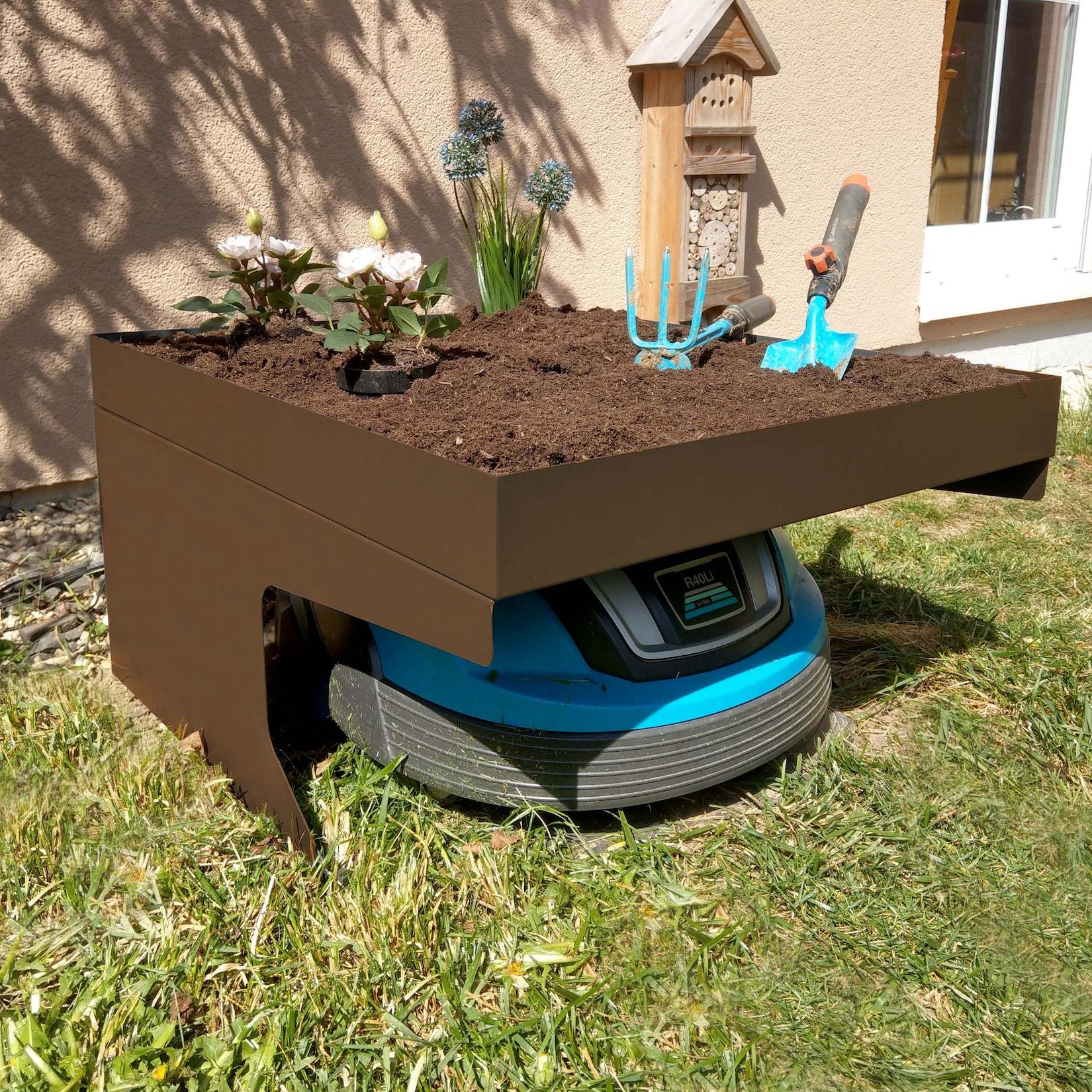 Mähroboter-Garage mit Pflanzkasten MCW-G60, Dach Unterstand für Rasenmäher, Metall 37x60x70cm ~ braun