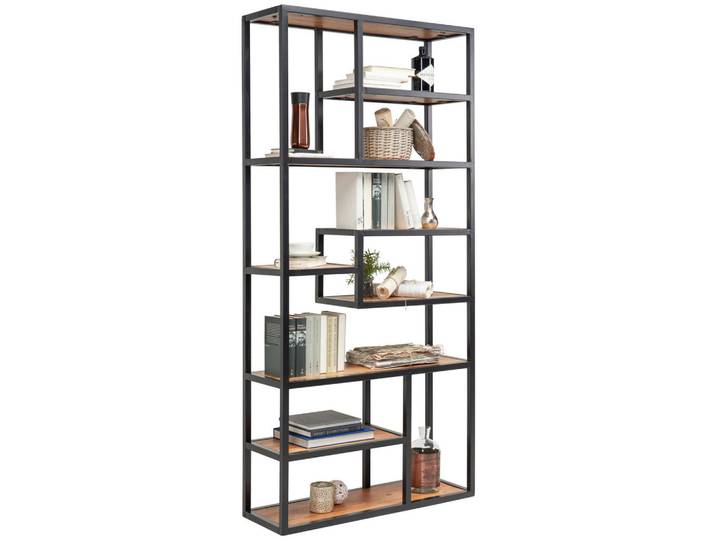 Carryhome Regal, Schwarz, Akaziefarben, Holz, Metall, Akazie, 90x190x30 cm, Holzmöbel, Holzregale, Bücherregale Holz