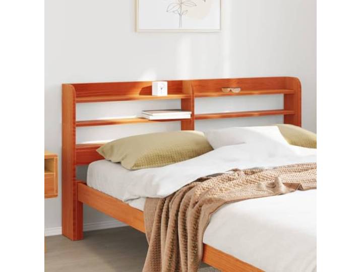 KTHLBRH Kopfteil mit Ablagen, braun, gewachst, 160 cm, massives Kiefernholz, rustikales Design und selbsttragende Struktur, 3 Ablagen für viel Stauraum, ideal zur Optimierung