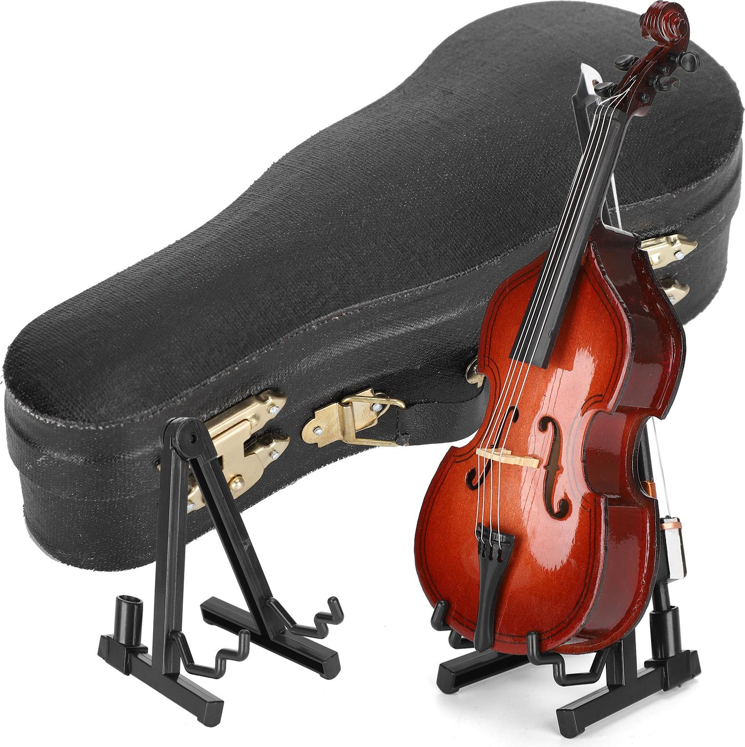 Gistuch Miniatuur Basgitaar van Hout met Koffer en Strijkstok voor Poppenhuis