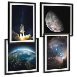 BILDER SET 4er Set - 50x50 cm & 40x60 cm Schwarzer Rahmen - Weltraum Erde Rakete Galaxie