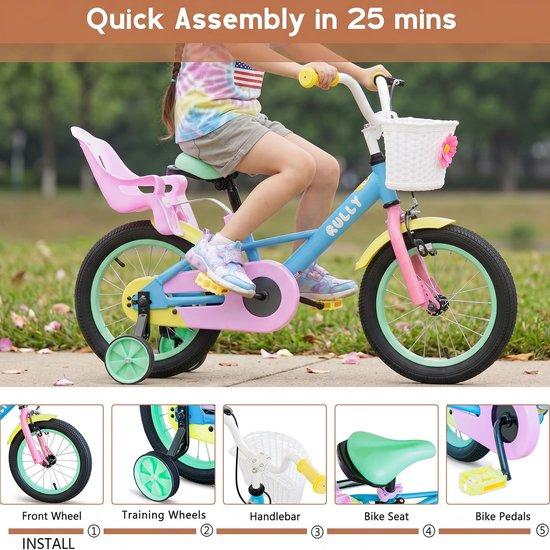 RULLY 16-Zoll Kinderfahrrad für Mädchen, 4 - 7 Jahre (41 - 53 cm) - Kinderfahrrad mit Puppensitz, Stützrädern und