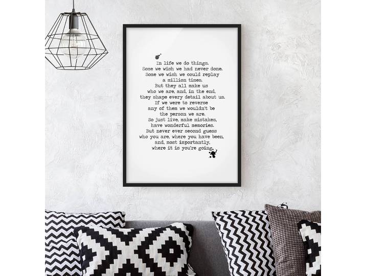 Tableau In Life We Do Things Papier Cadre : placage en bois véritable Pin Blanc/Noir 50 x 70cm