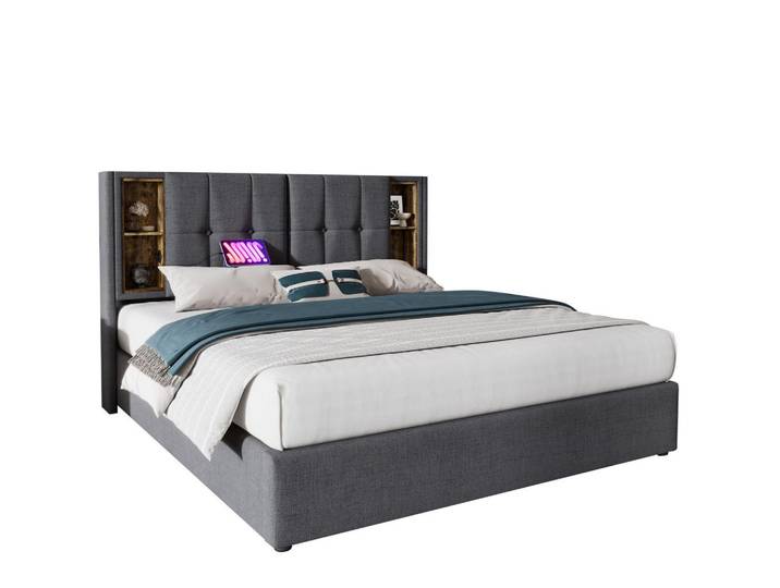 Okwish Polsterbett 180/200 cm Grau mit Kabellosem Laden und USB-Anschlüssen, 180x200 cm, Schlafzimmer, Betten, Polsterbetten