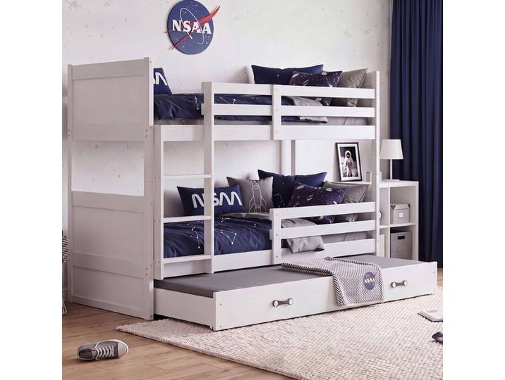 Etagenbett teilbar in 2 Einzelbetten Rico 90x190 cm Weiß - Stockbett umbaubar, mit 3. Schlafplatz in der Schublade & Rausfallschutz (beidseitig monti
