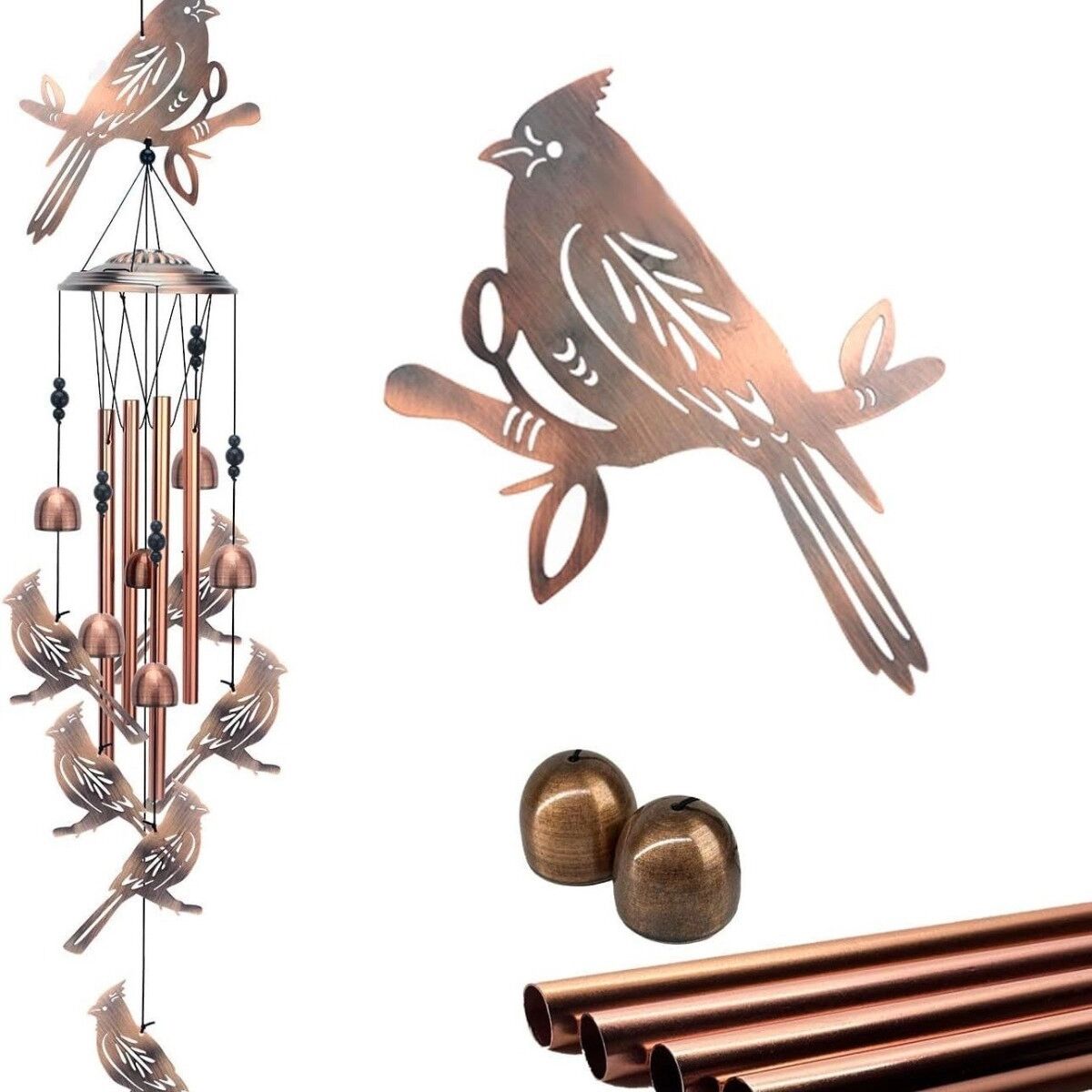 INF Carillon d'oiseau en métal 39-inch - Ornement de jardin suspendu doré avec cloches mélodiques