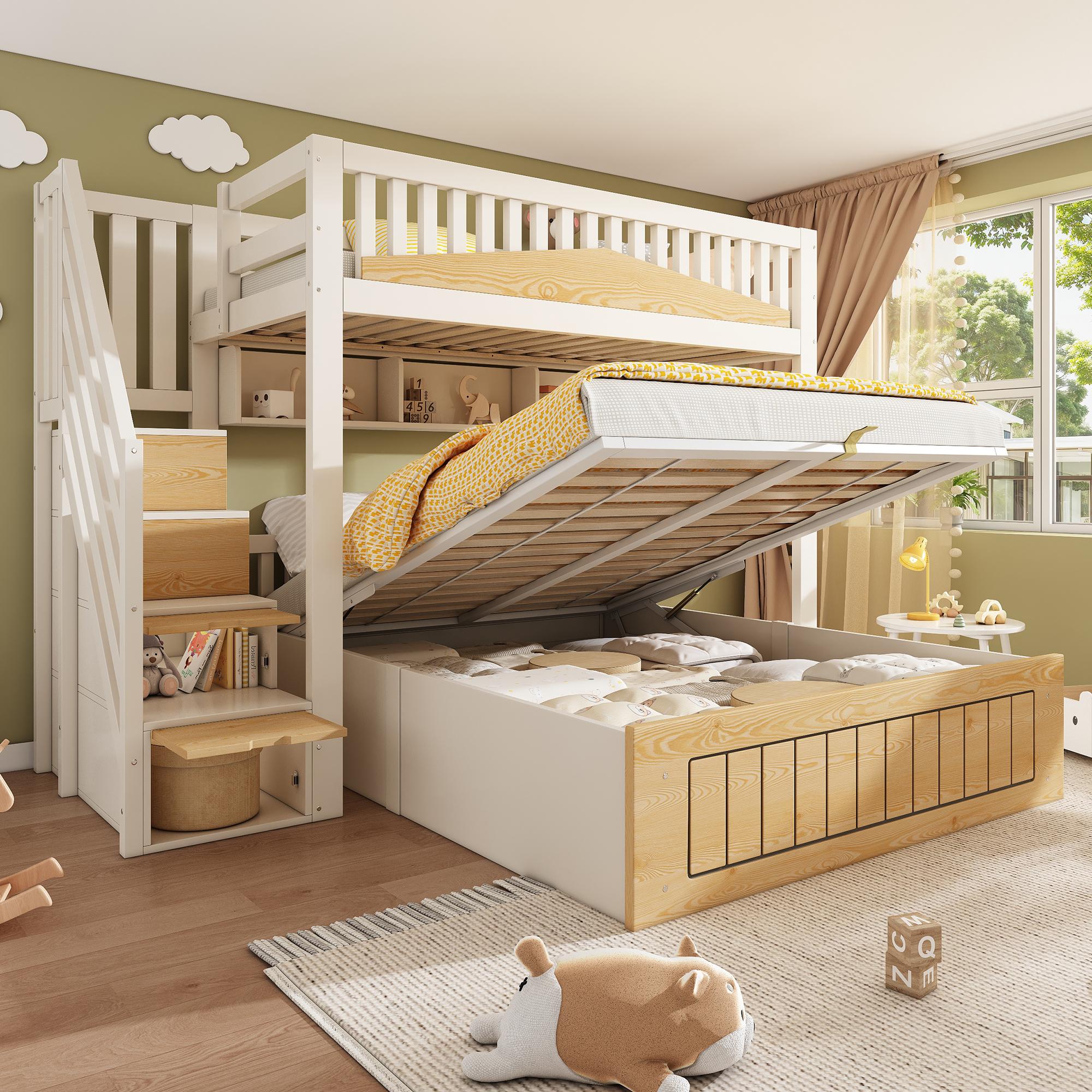 STILVORA Etagenbett Kinder 90×200 und 140×200 mit hydraulischem Stauraum und Treppenschrank und Sicherheitsgeländer, Familienbett mit USB-C und Steckdosen, versetztes Hochbett Weiß Natur