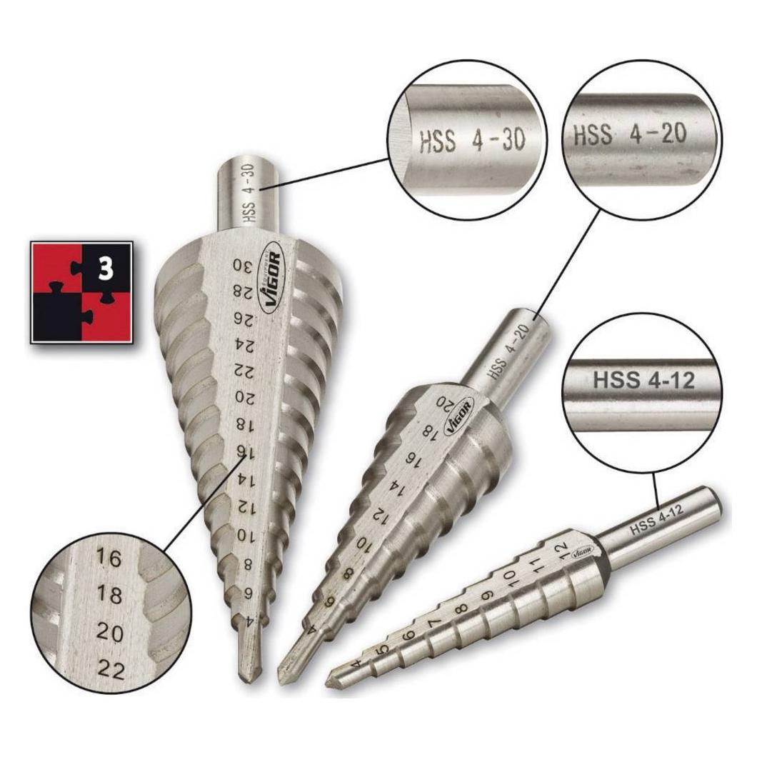 Vigor HSS Stufenbohrer-Set 4 - 12 mm (12 Millimeter, 4 Millimeter) (V1707)