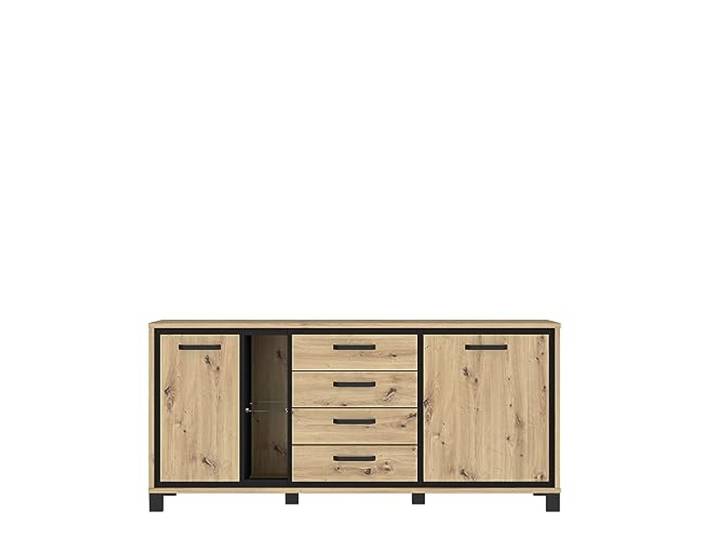 FORTE Trondheim Kommode mit 2 Türen und 4 Schubladen, Holzwerkstoff, Artisan Eiche kombiniert mit Schwarz Eiche,74,7 x 81,3 x 177,4 cm