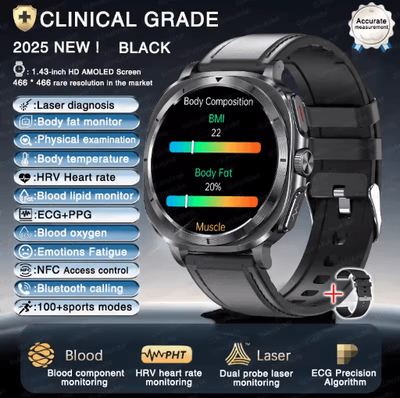 Inspire Picks BioTrack AI Health Smartwatch ECG PPG Blood Pressure & Full Body Analysis Watch black Leather